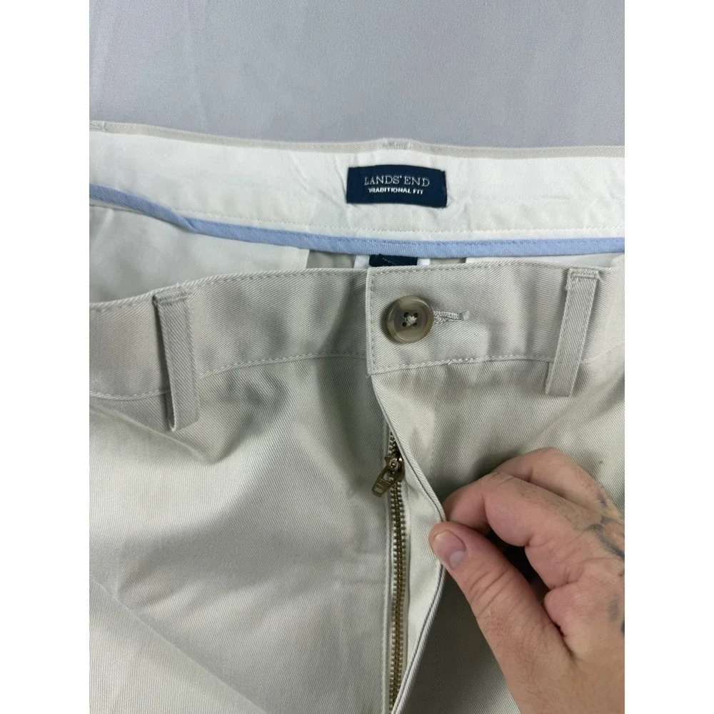 Land's End traditional fit flat front pants slacks, ivory, men's 46x28, cotton